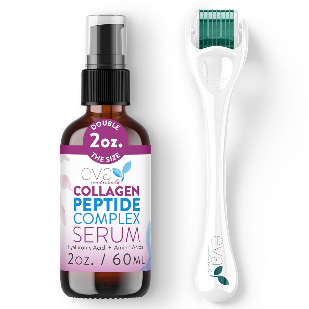 Eva Naturals peptide serum bottle close-up for fast-absorbing daily care