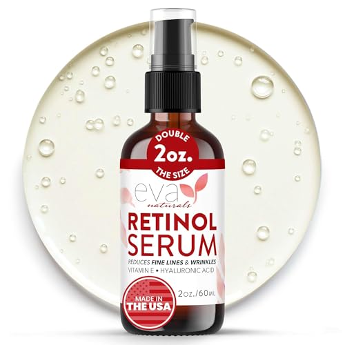 Eva Naturals Retinol Serum bottle closeup highlights a lightweight night care option for smoother skin.