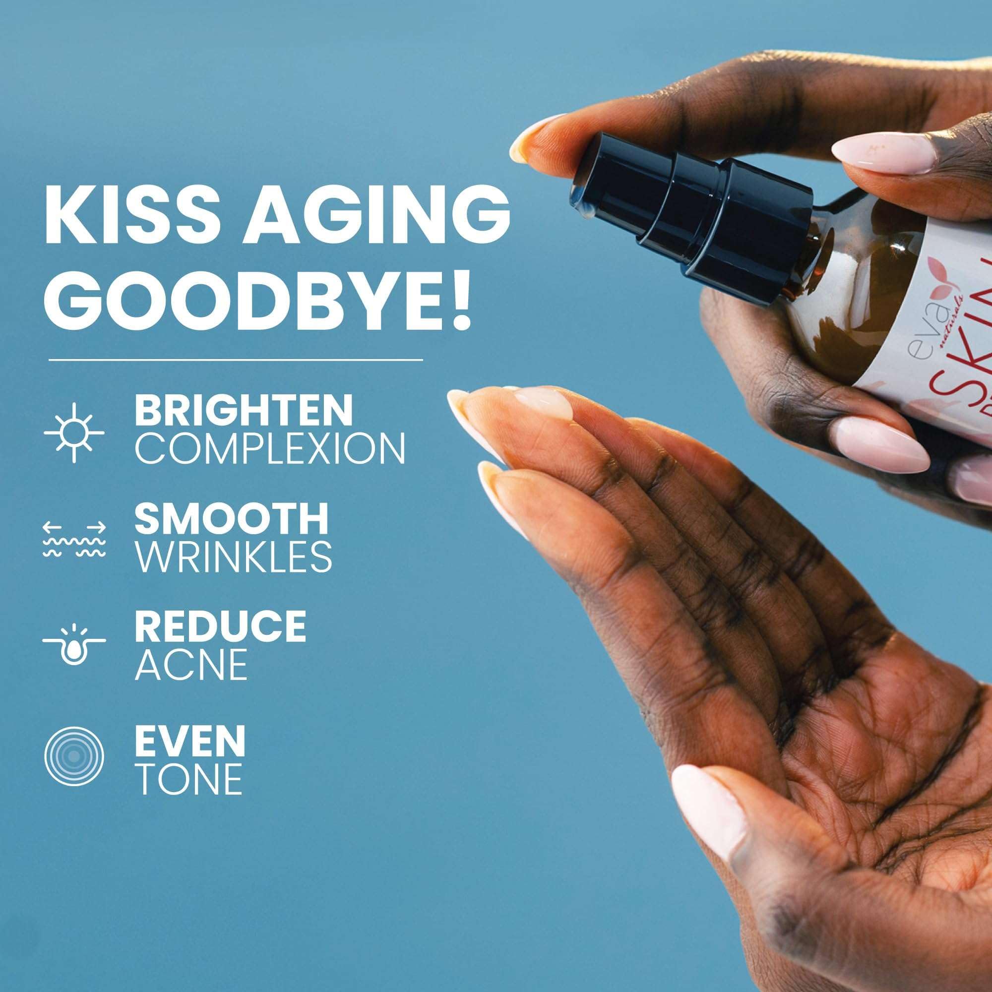 Eva Naturals Retinol Serum bottle pour shows easy layering with moisturizers for nightly routines.