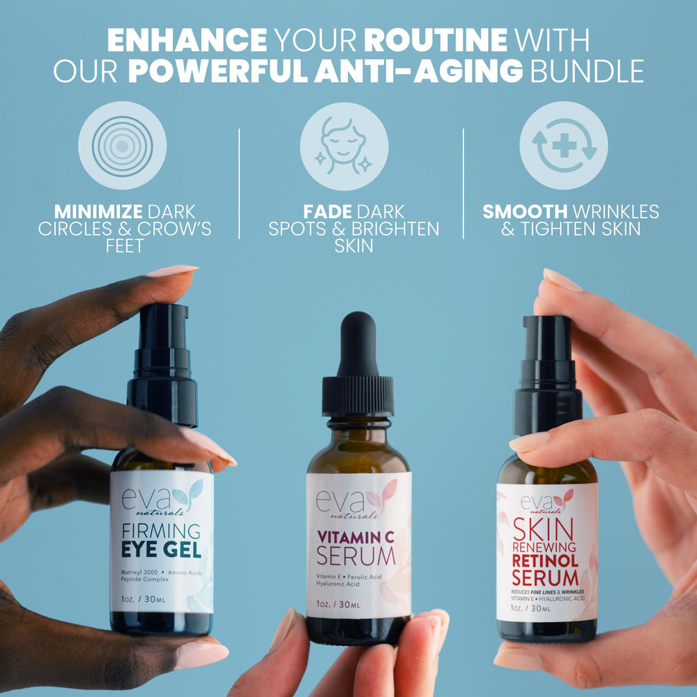 Eva Naturals Retinol Serum bottle for nightly anti-aging care.