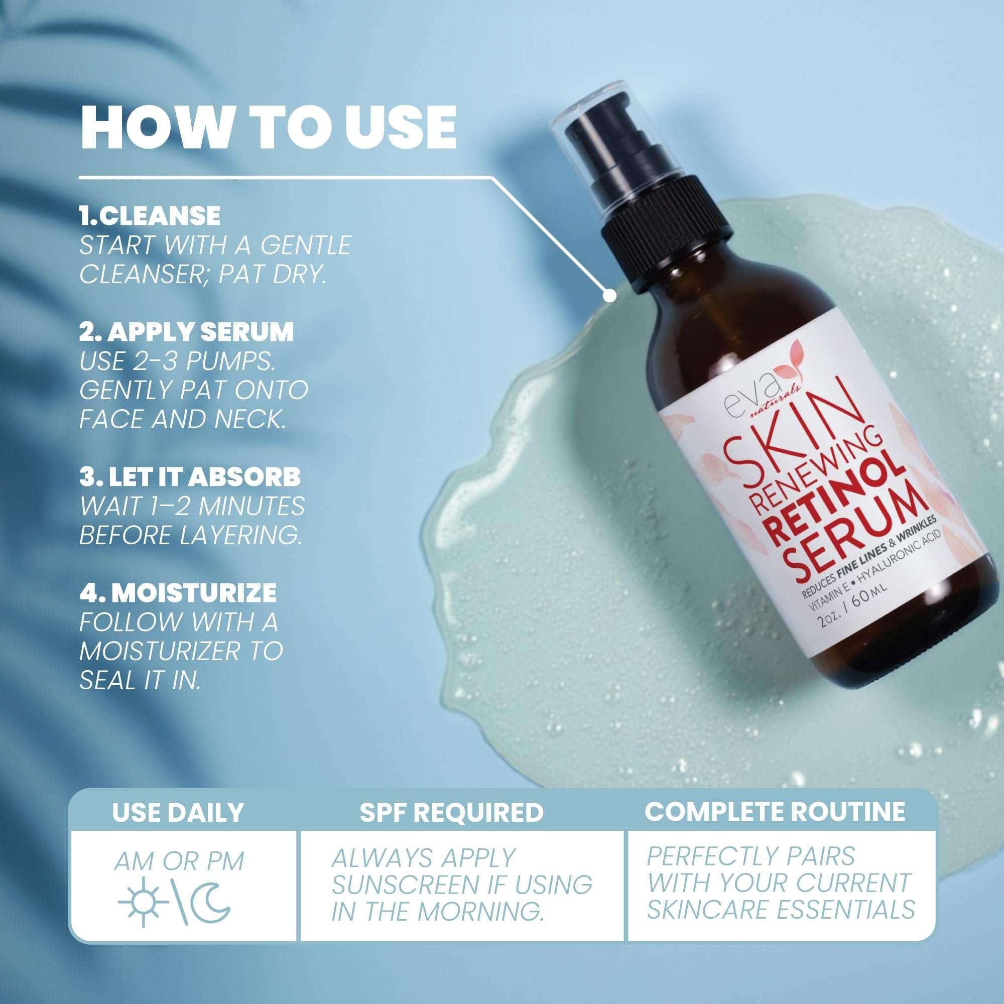 Eva Naturals Retinol Serum propolis-dandelion graphic highlights antioxidant-rich support for even tone.