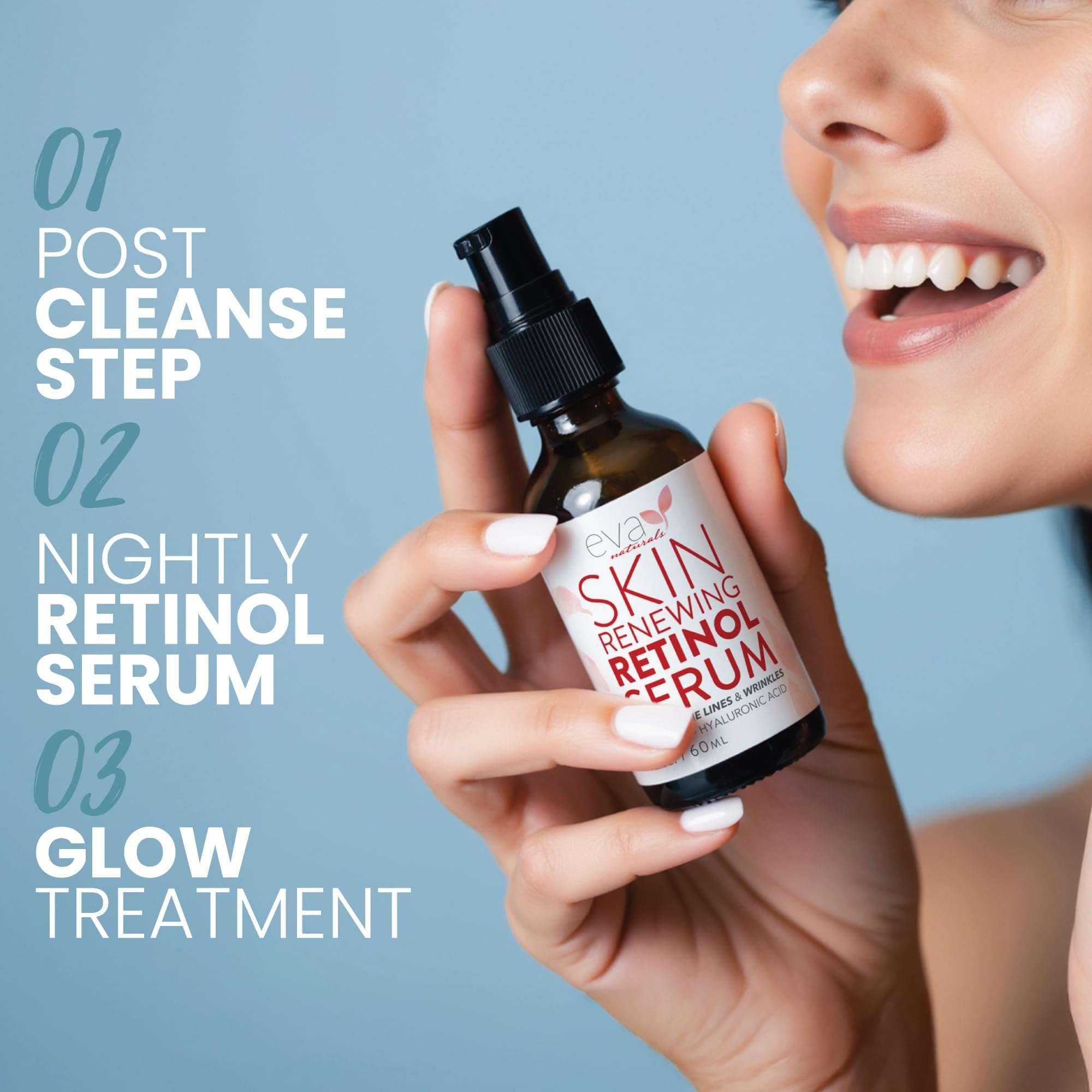 Eva Naturals Retinol Serum stand-nightstand display suggests convenient nightly routine inclusion.