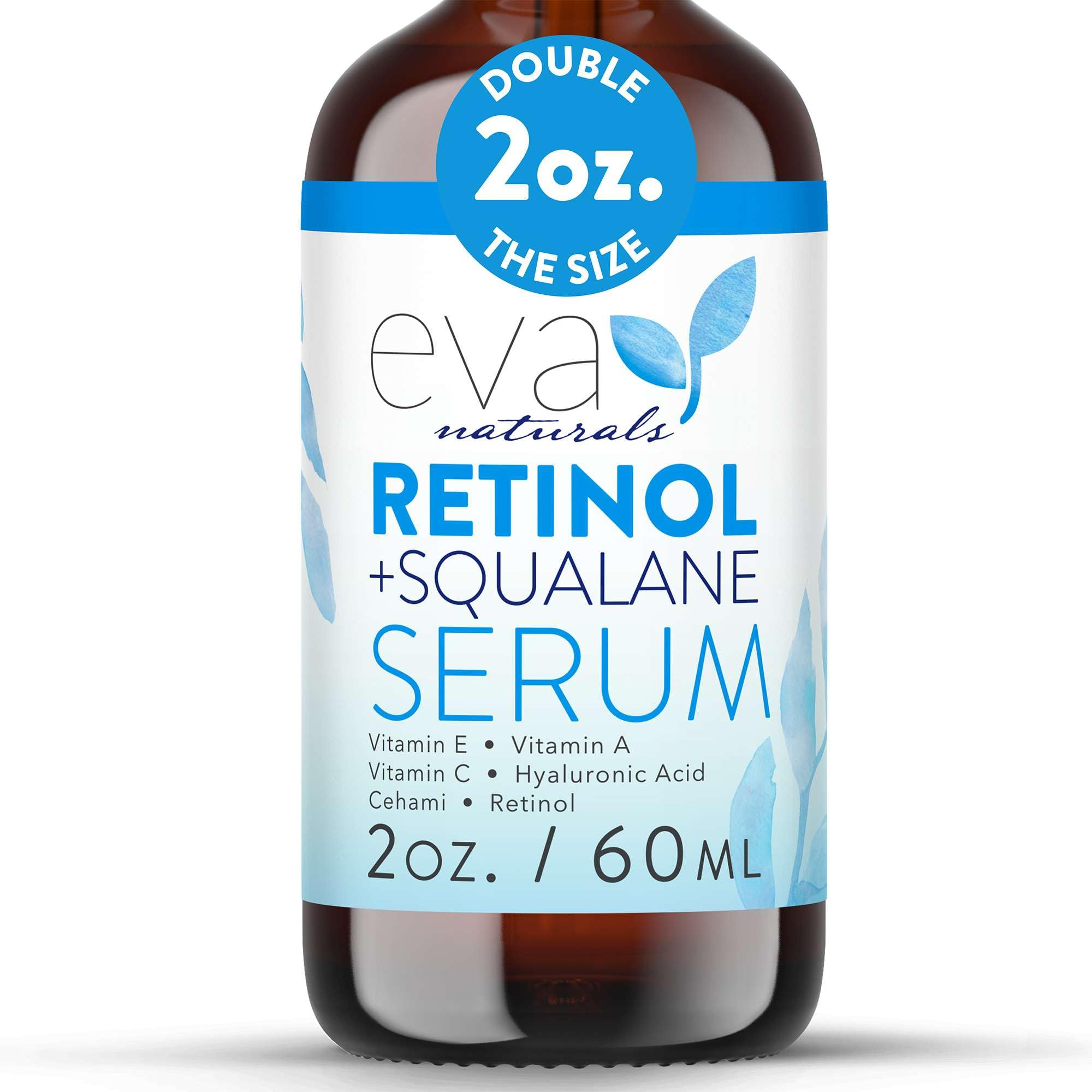 Eva Naturals Retinol + Squalane Serum bottle with pump for easy nightly application.