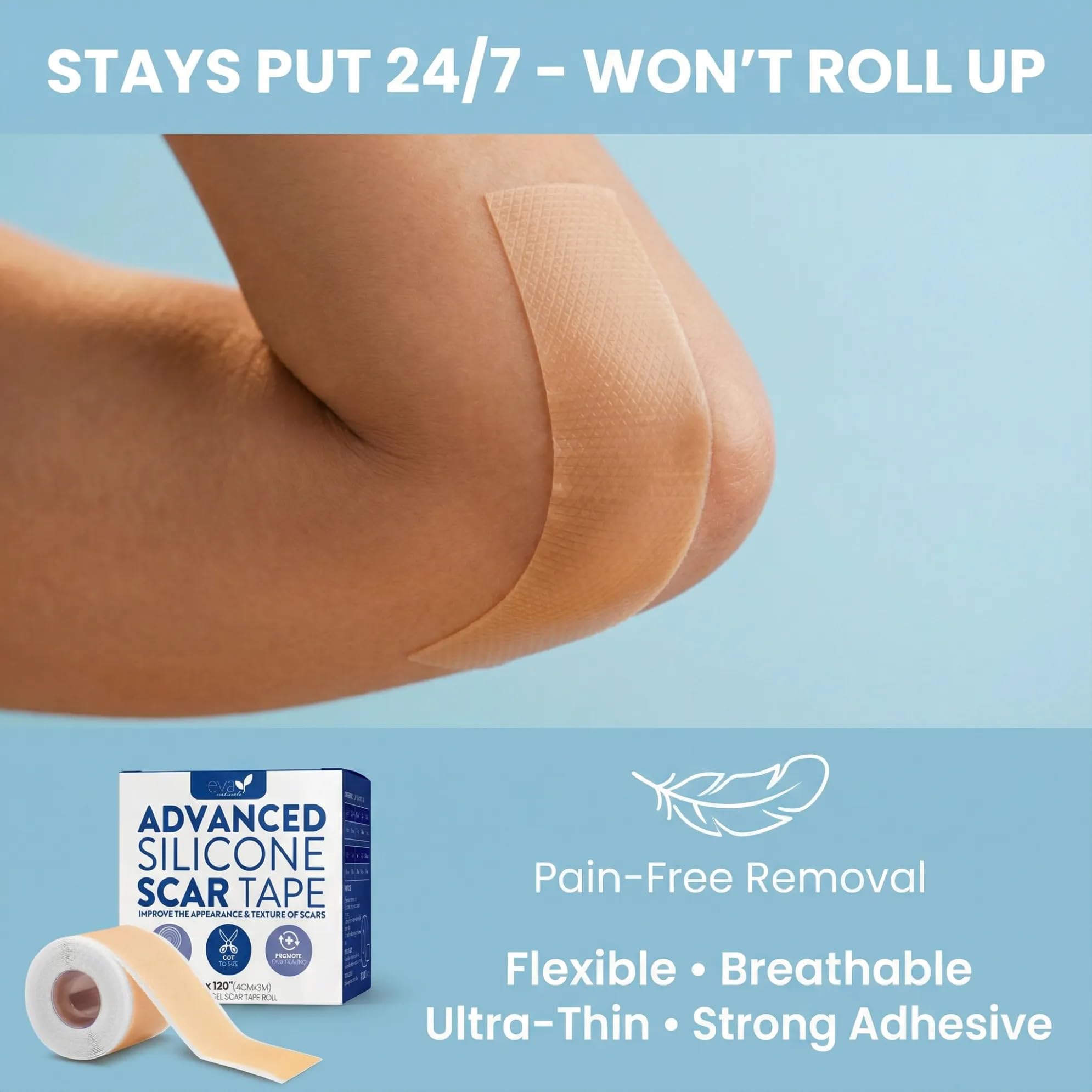 Eva Naturals scar tape on body demonstrates versatile application for different areas