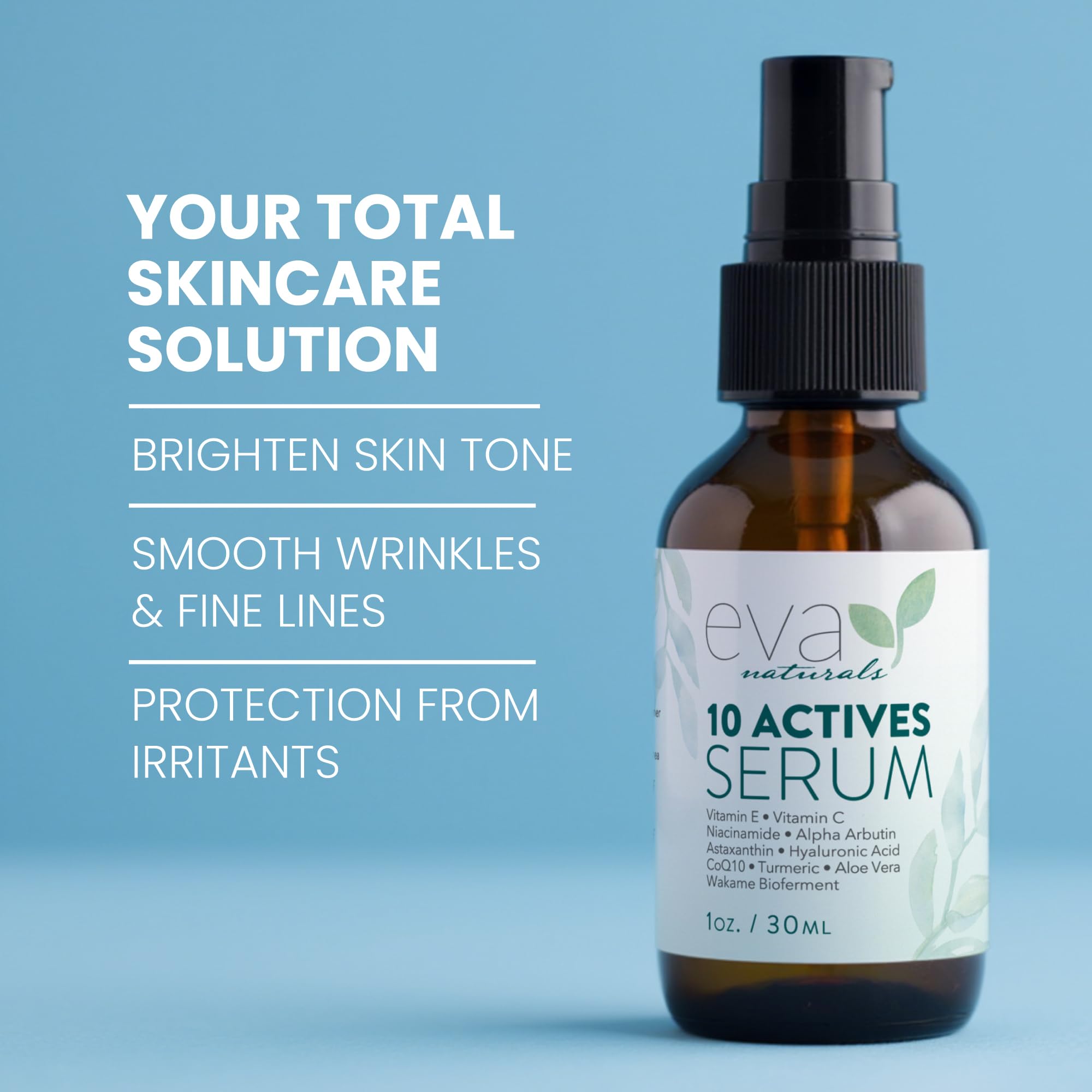 Eva Naturals Serum 10 Activos reduce manchas para tono homogéneo.