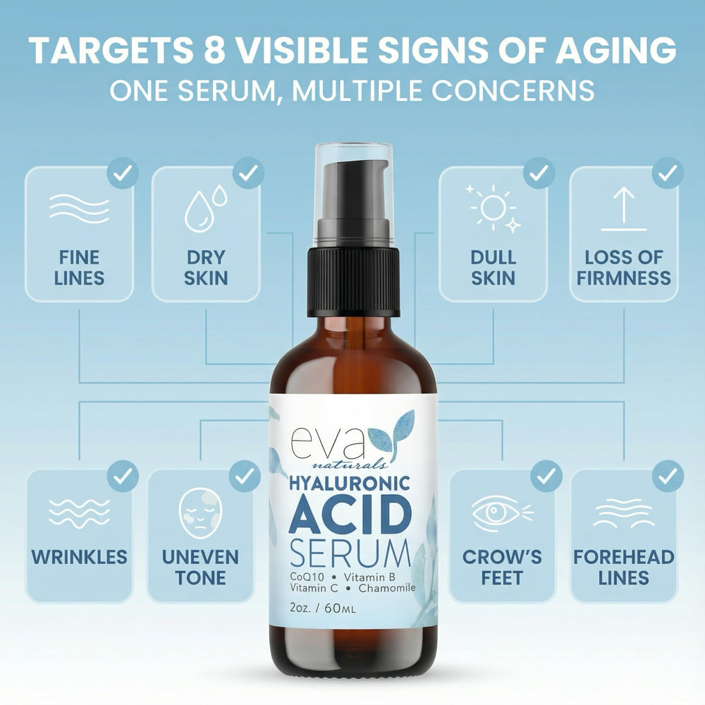 Eva Naturals serum texture shown as a clear gel delivering lightweight hydration.
