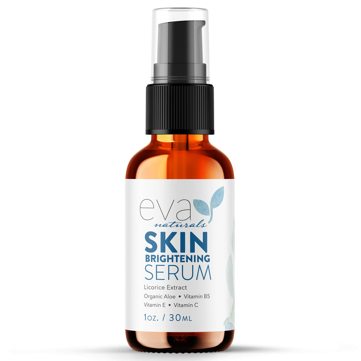 Eva Naturals skin brightening serum bottle promoting even tone over time.