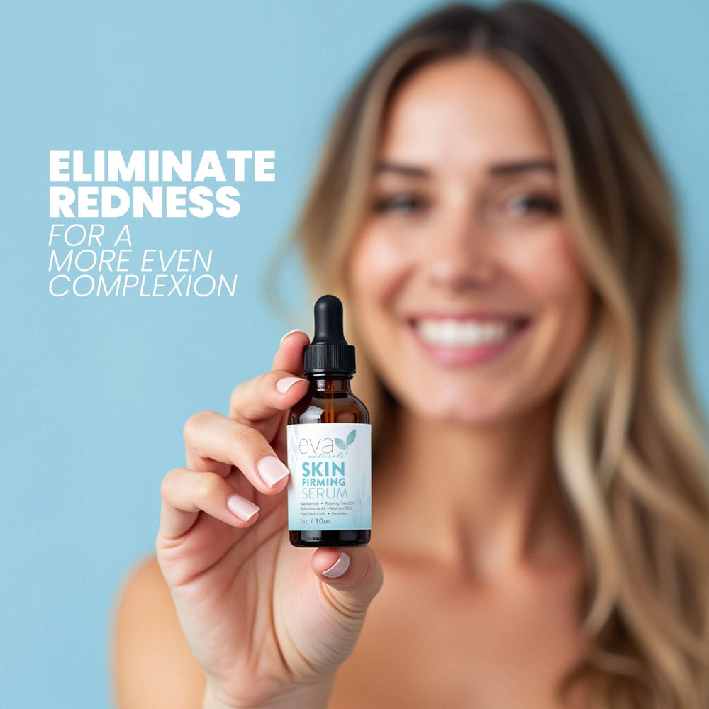 Eva Naturals skin-firming serum texture close-up emphasizes lightweight hydration.