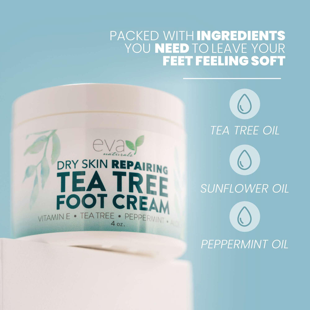 Eva Naturals Tea Tree Foot Cream with cooling mint provides a refreshing tingle for tired feet