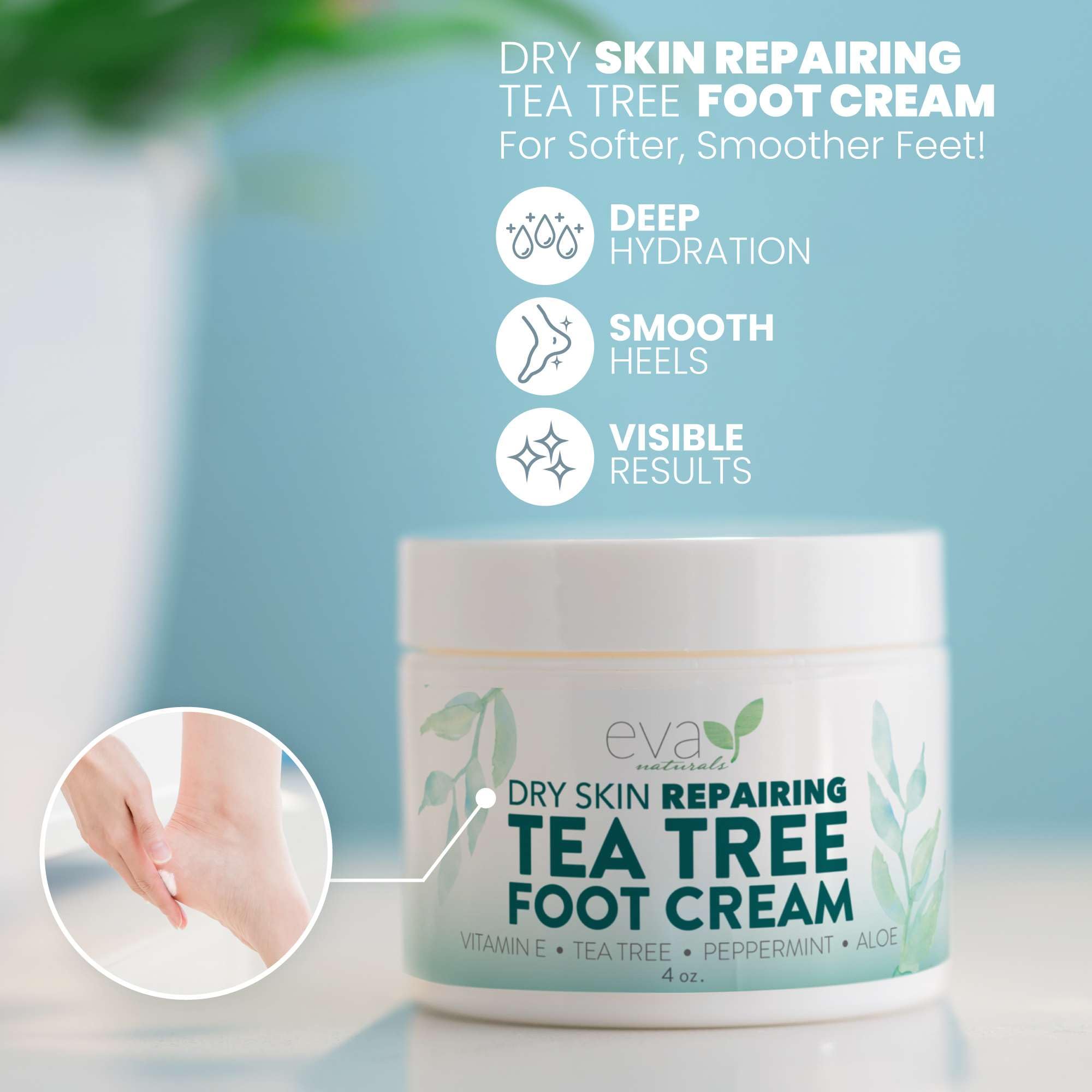 Eva Naturals Tea Tree Foot Cream swatch on skin demonstrates quick absorption and cooling feel