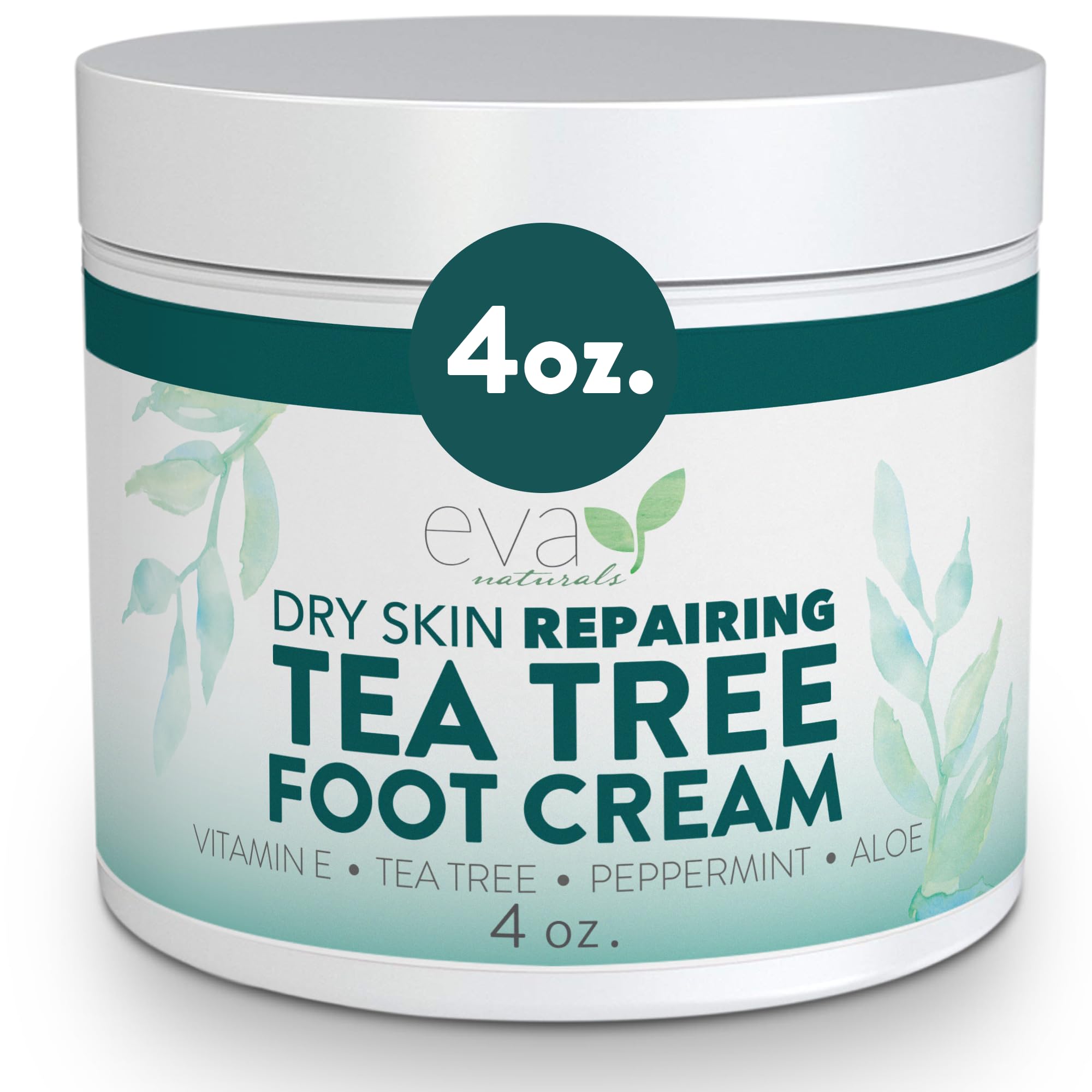 Eva Naturals Tea Tree Foot Cream tube closeup shows rich moisture for dry feet relief