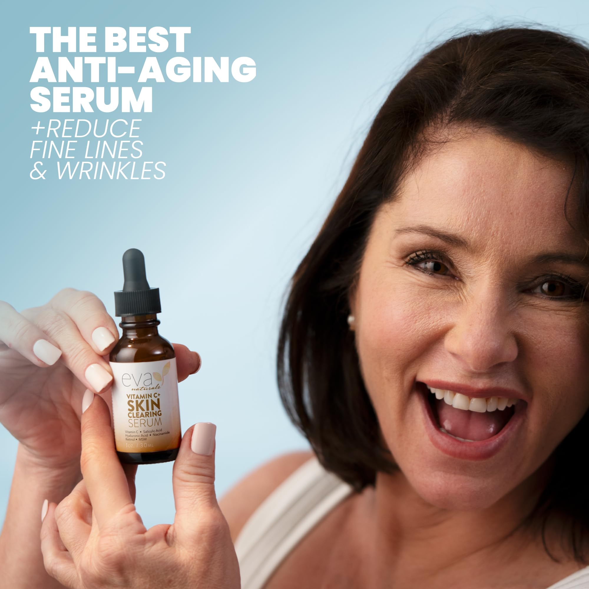 Eva Naturals Vitamin C Serum application on cheek shows fast absorption and radiant finish.