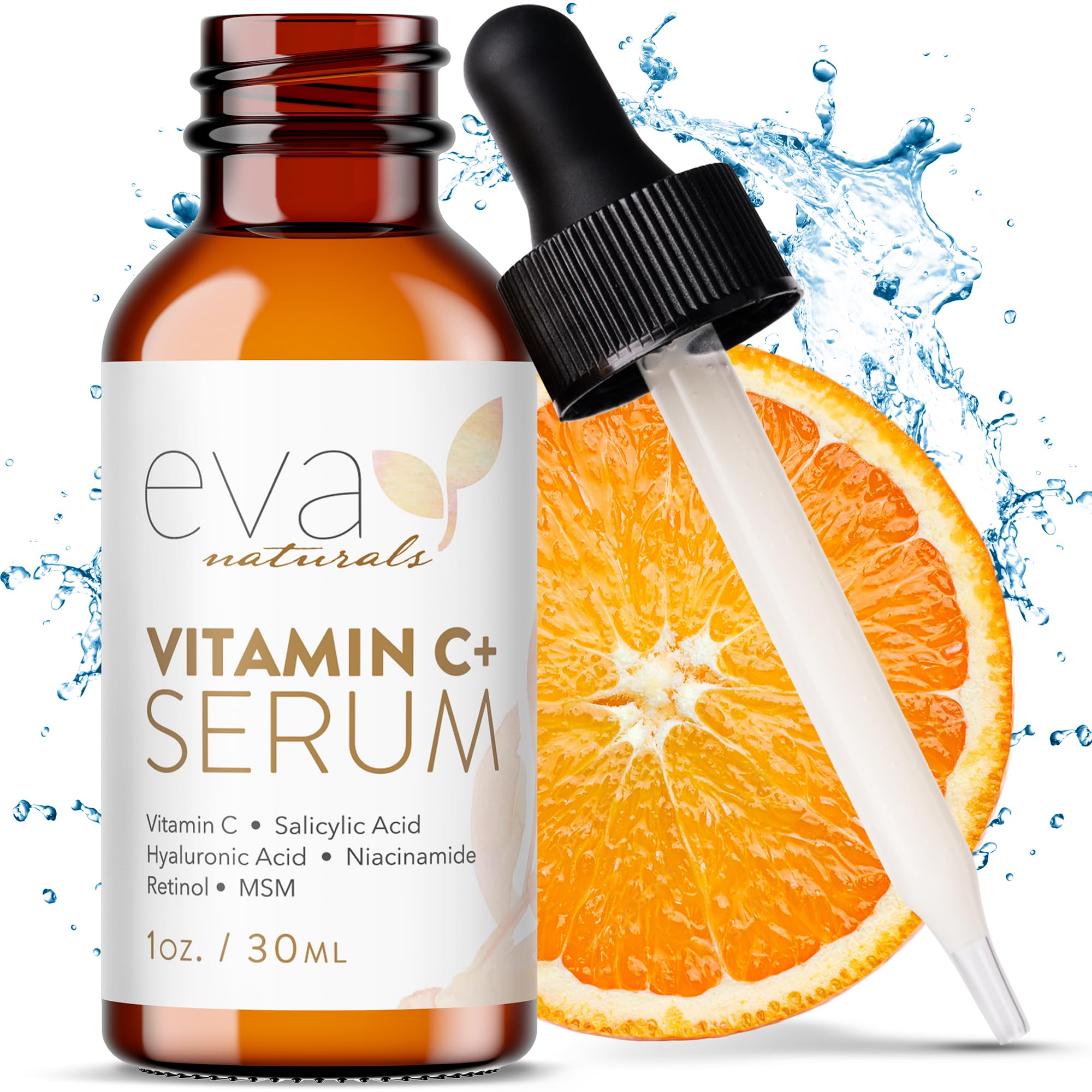 Eva Naturals Vitamin C Serum bottle closeup shows hydration and brightness potential.