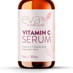 Eva Naturals Vitamin C Serum bottle closeup highlighting brightening formulation for even skin tone.
