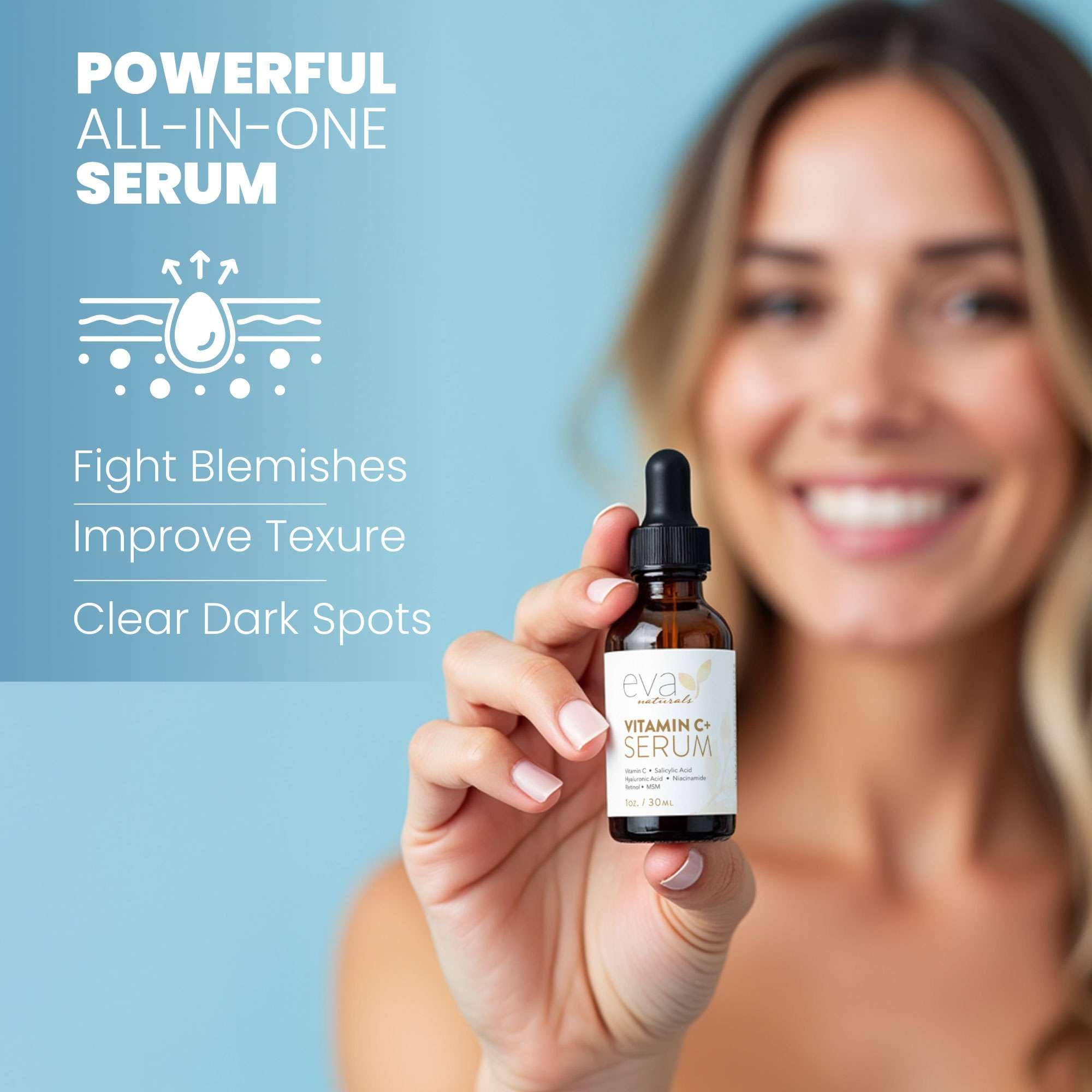 Eva Naturals Vitamin C Serum bottle on vanity illustrates daily-use convenience.