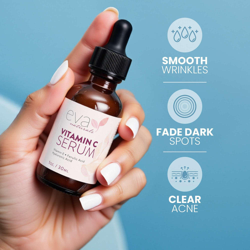 Eva Naturals Vitamin C Serum dropper ready to dispense hydration-enhancing treatment.