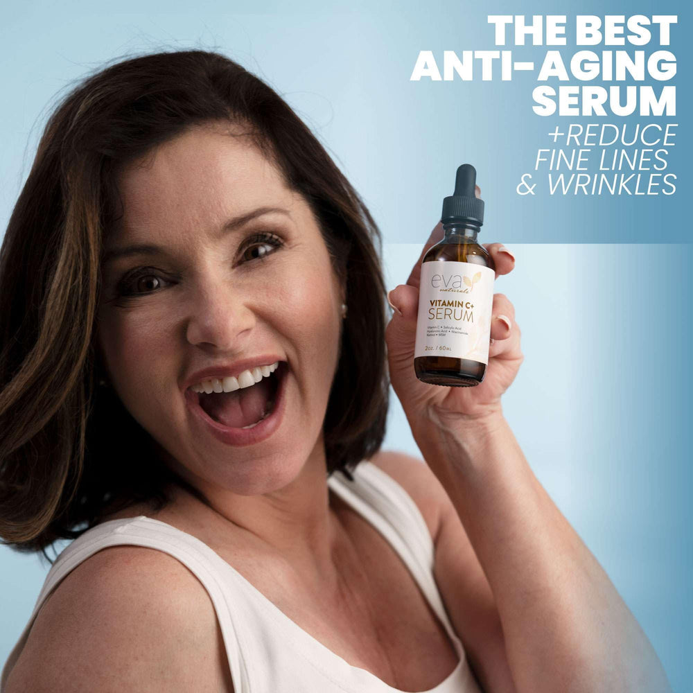 Eva Naturals Vitamin C Serum gentle formula closeup indicates fragrance-free care for sensitive skin.