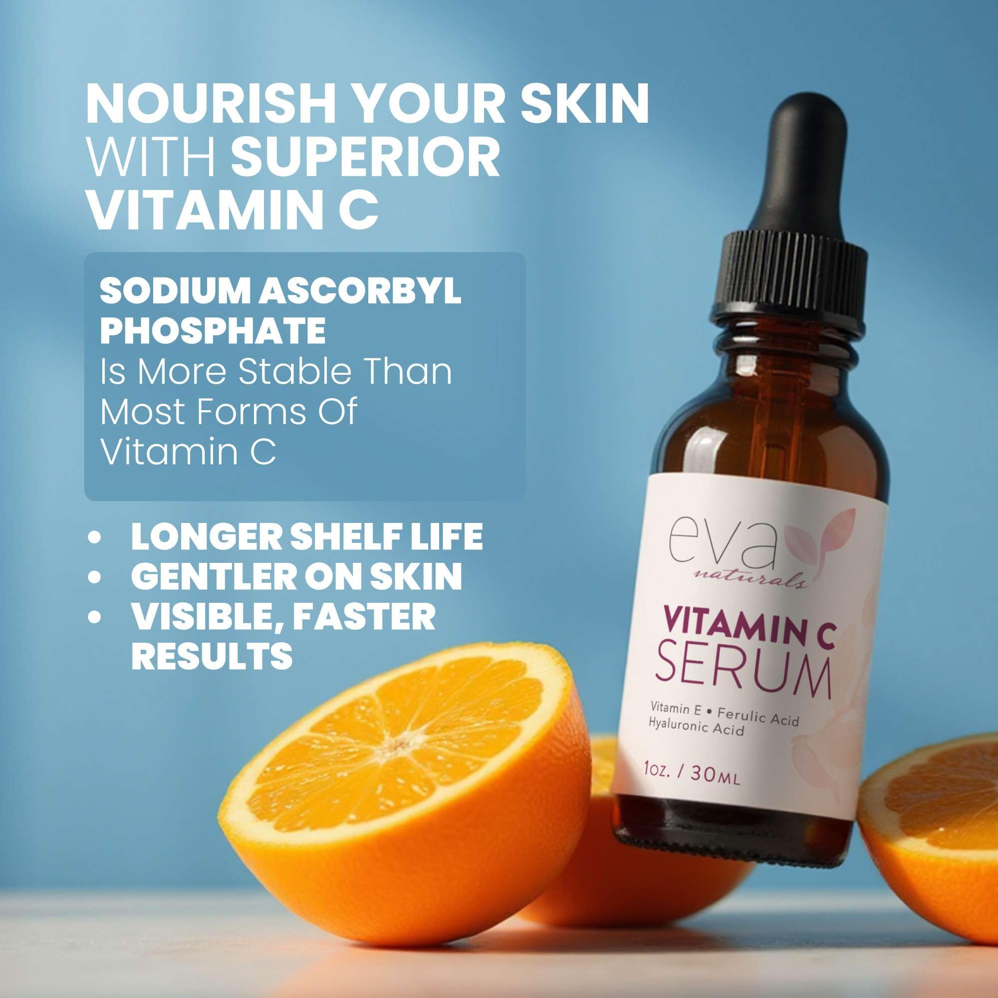 Eva Naturals Vitamin C Serum ingredients ferulic and hyaluronic support hydration.