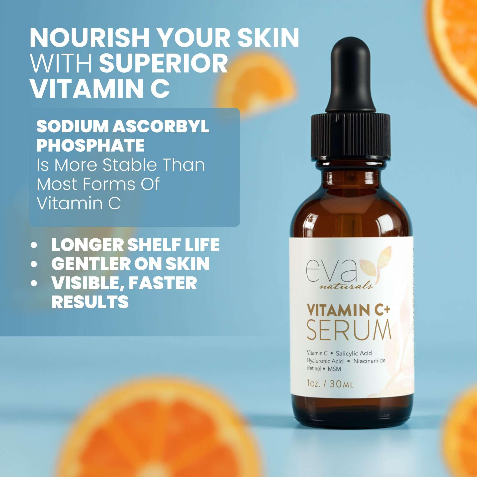 Eva Naturals Vitamin C Serum ingredients niacinamide graphic emphasizes even tone support.