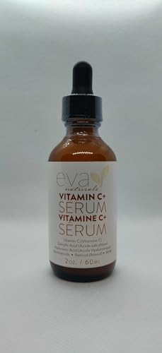 Eva Naturals Vitamin C Serum ingredients panel features Niacinamide and Hyaluronic Acid.