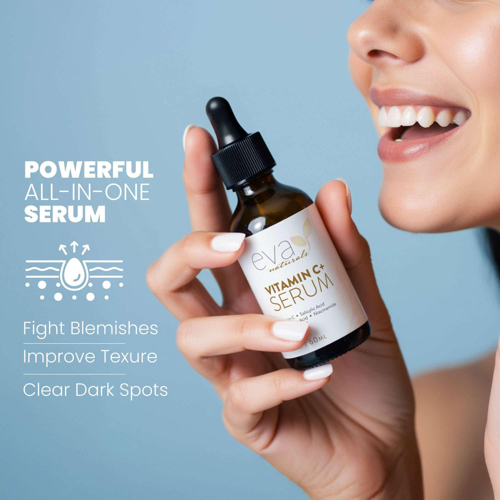 Eva Naturals Vitamin C Serum travel-size bottle implies on-the-go clarity and routine.