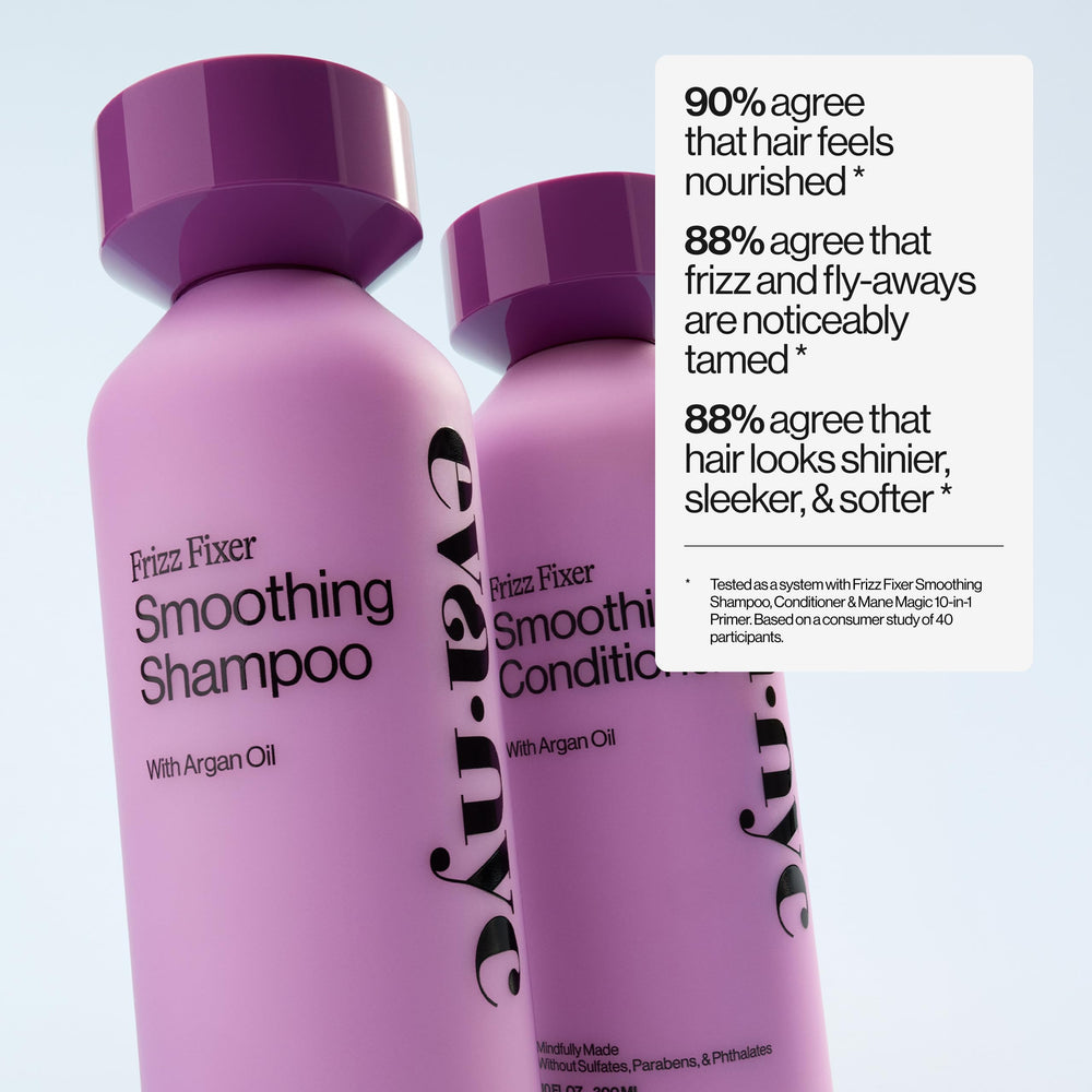 Eva NYC Frizz Fixer Shampoo after-use sleek, manageable hair image.