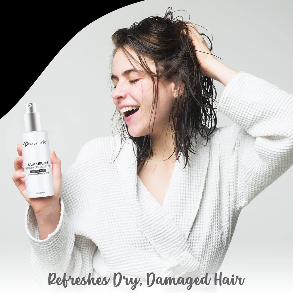 Evalectric Argan Oil Hair Serum on hair strands delivering smoothness and shine.
