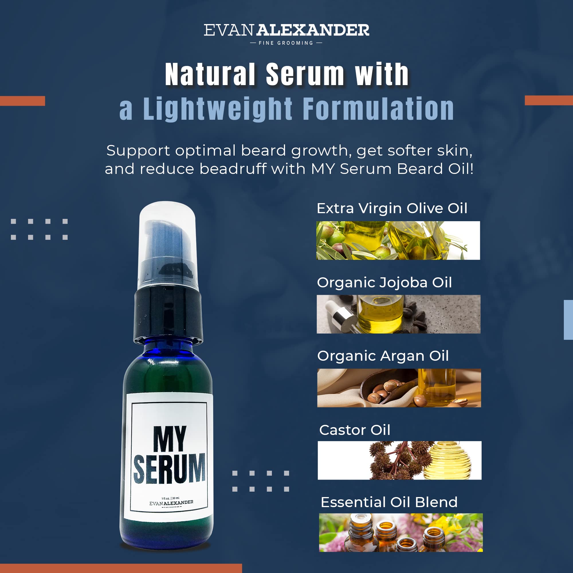 Evan Alexander Fine Grooming MY Serum Beard Oil packaging tube communicates premium grooming quality