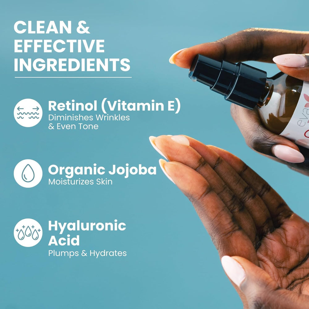 Eva Naturals retinol serum night ritual shot underscores gentle wake-up skincare.