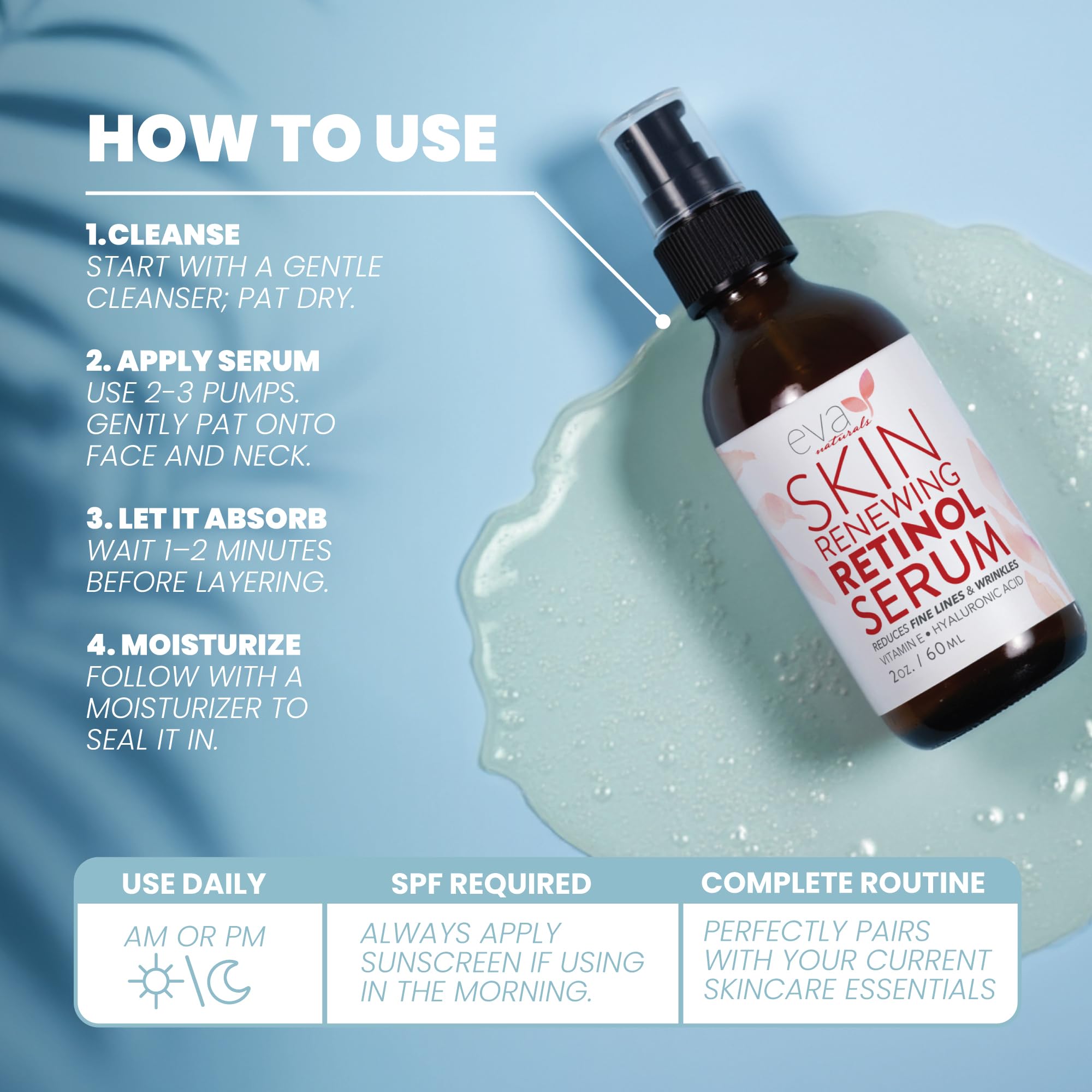 Eva Naturals retinol serum texture closeup emphasizes silky feel on skin.