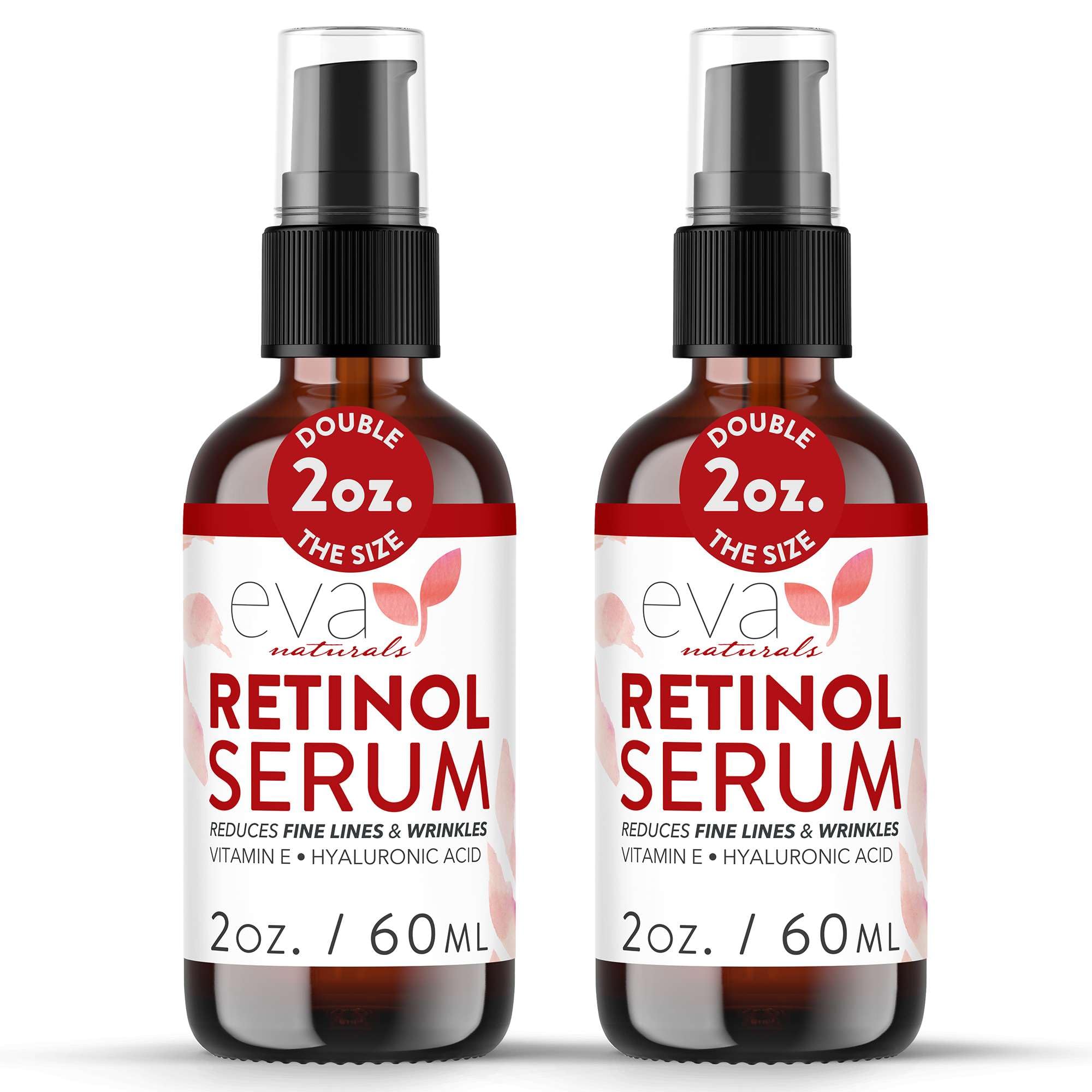Eva Naturals retinol serum bottle closeup showcases premium packaging for nightly anti-aging skincare.