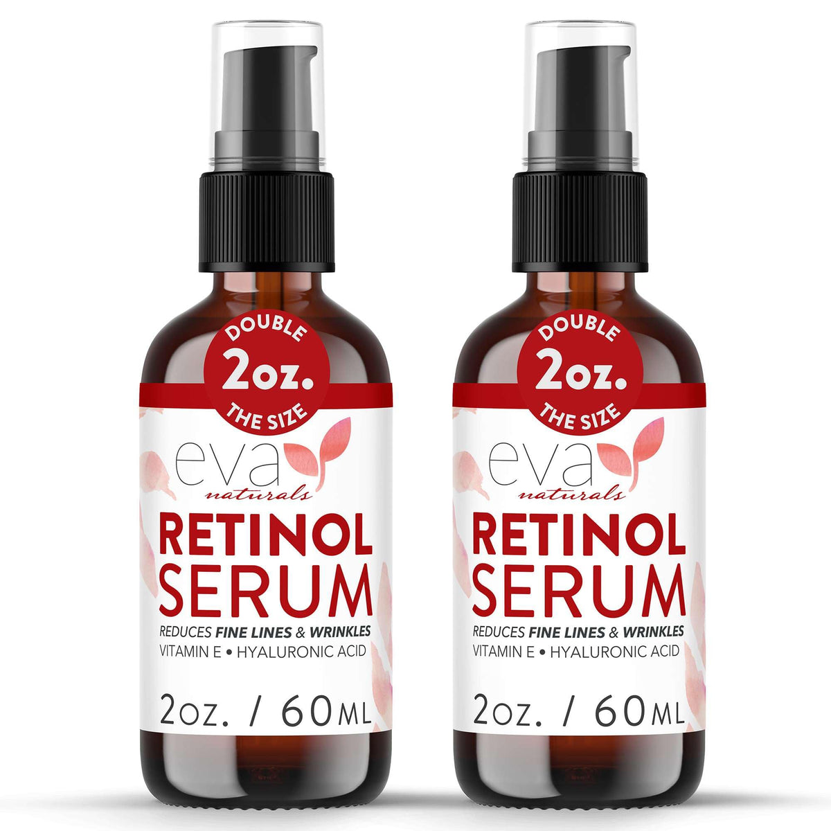 Eva Naturals retinol serum bottle closeup showcases premium packaging for nightly anti-aging skincare.