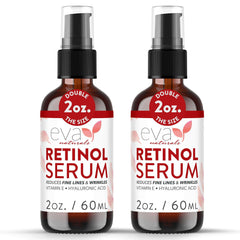 Eva Naturals retinol serum bottle closeup showcases premium packaging for nightly anti-aging skincare.