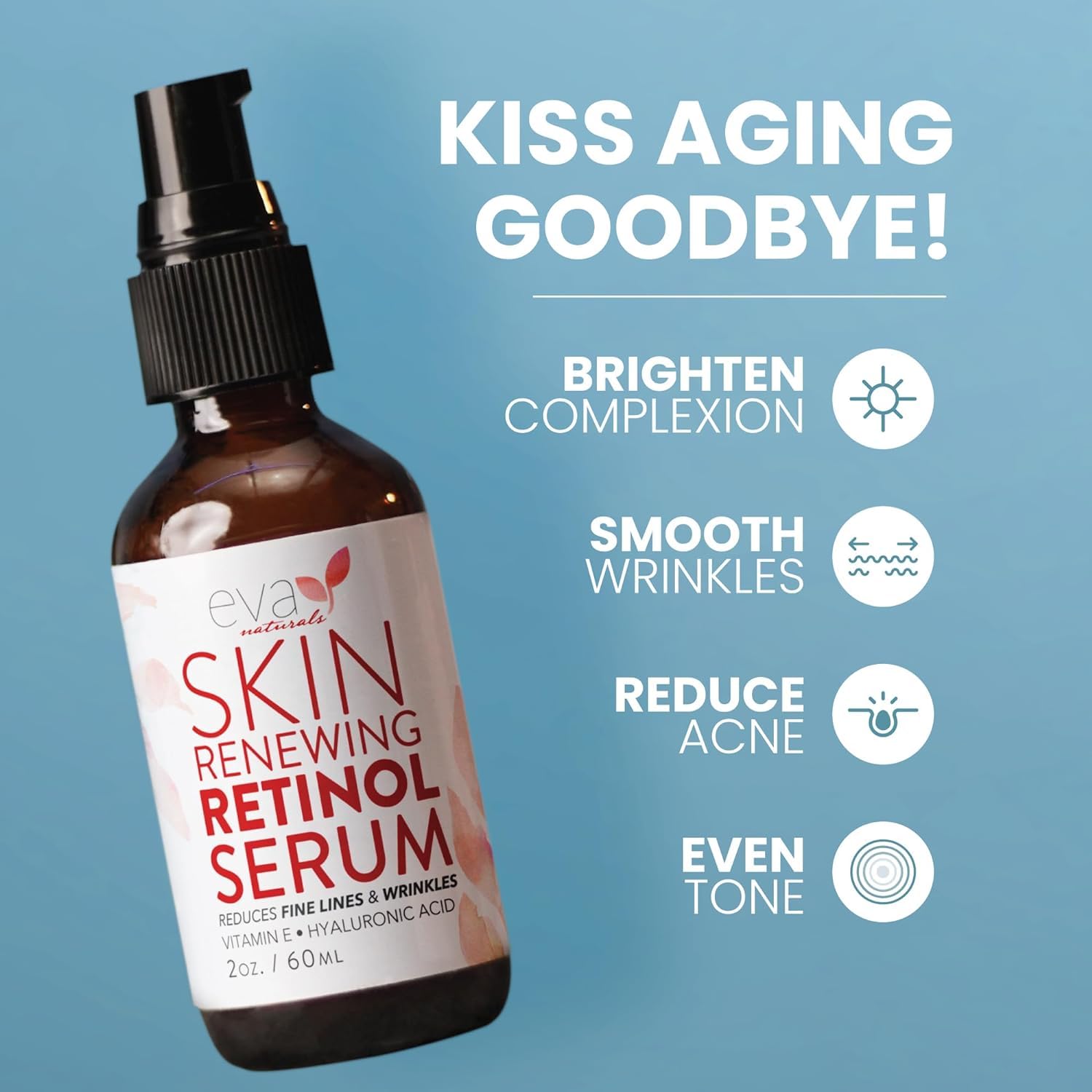 Eva Naturals retinol serum ingredients highlight hyaluronic acid and organic aloe for hydration.