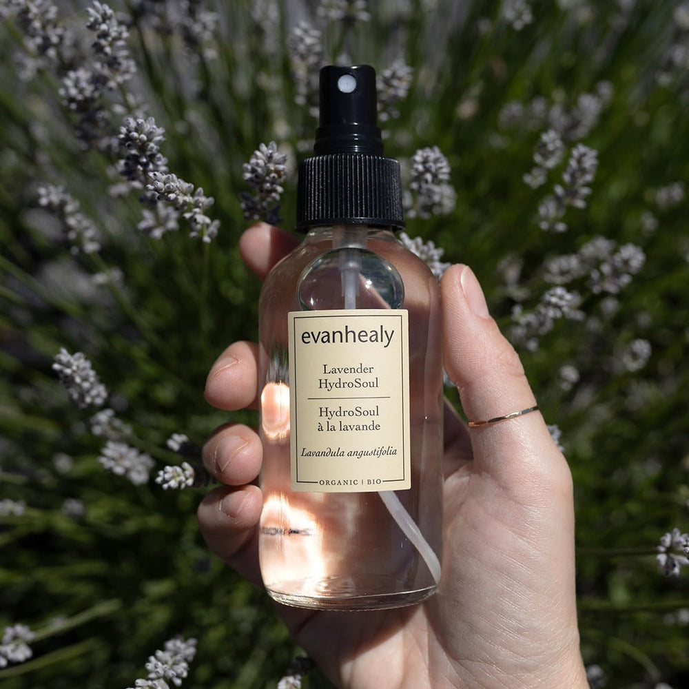 Close-up of Evanhealy Lavender HydroSoul label highlighting organic lavender hydrosol.