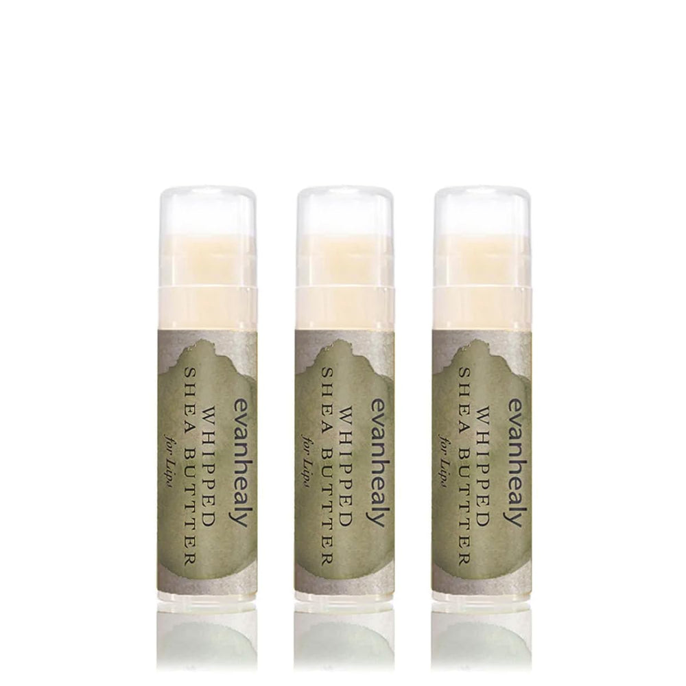 evanhealy whipped shea butter lips 3-pack showing moisturizing lip balm in travel-friendly packaging