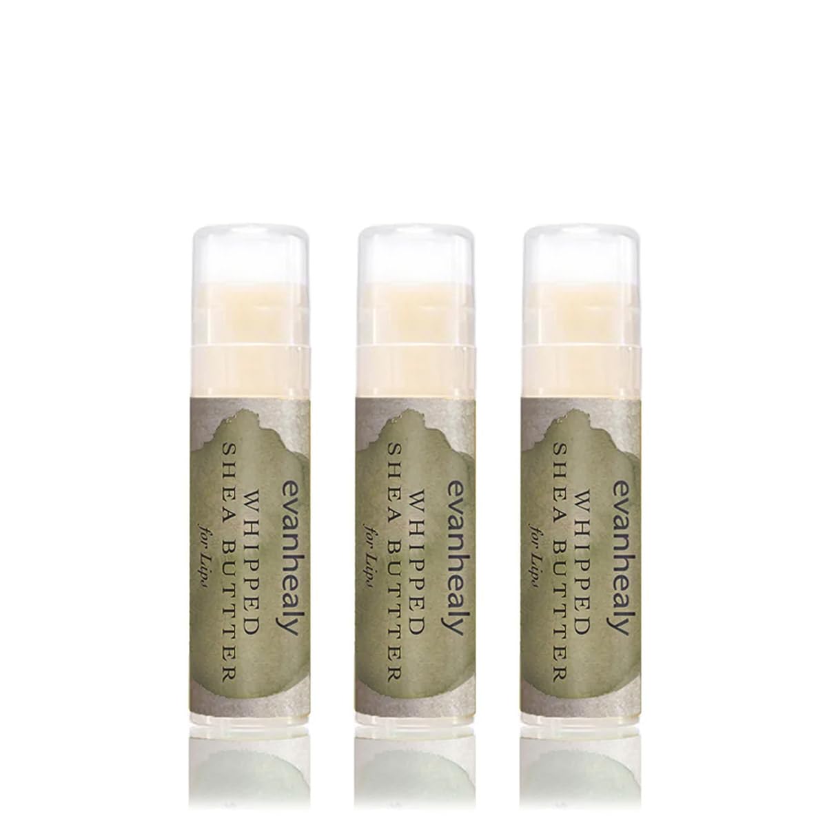 evanhealy whipped shea butter lips 3-pack showing moisturizing lip balm in travel-friendly packaging