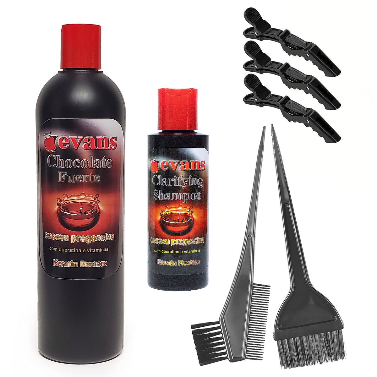 Evans Brazilian keratin bottle showing smoothing treatment for frizz control and shine