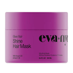 Eva NYC Anti-Frizz Mask bottle highlights glass-like shine potential.