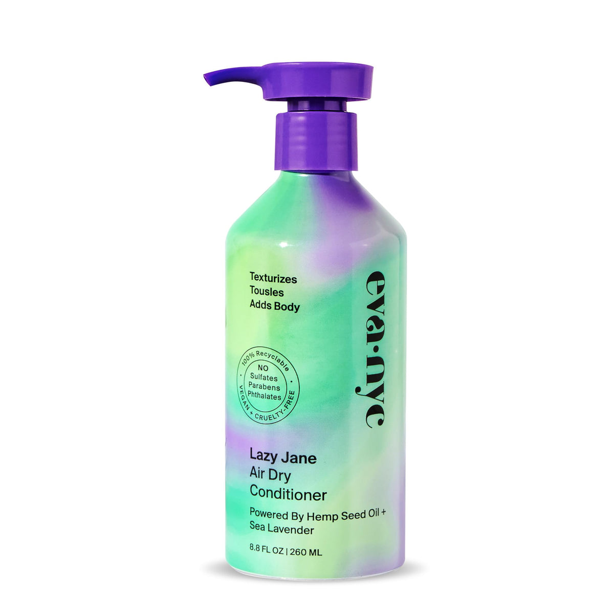 EVANYC Lazy Jane bottle showcases a vegan, GMO-free formula supporting natural texture and frizz control.