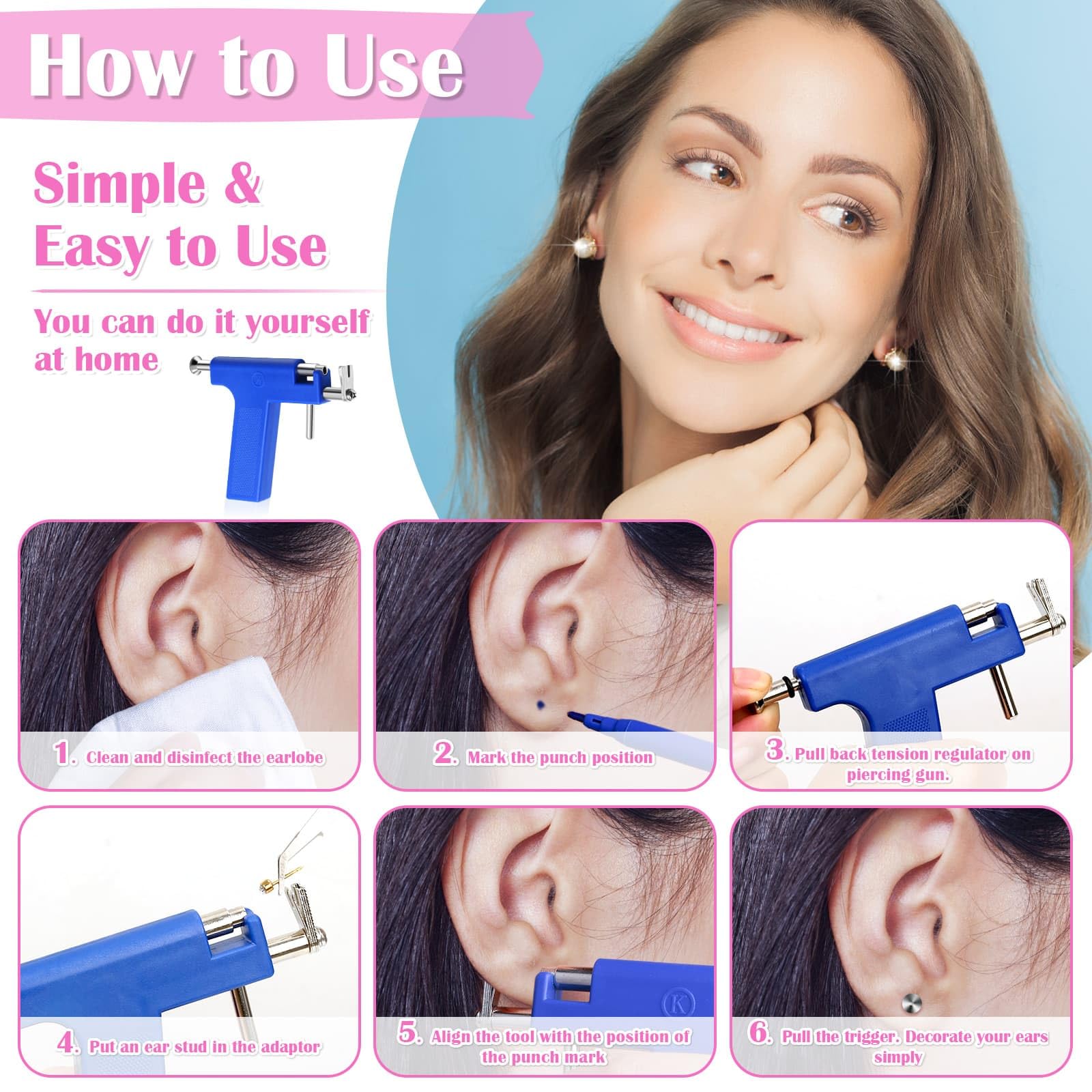 Evatage round mirror helps align placement during at-home piercing.