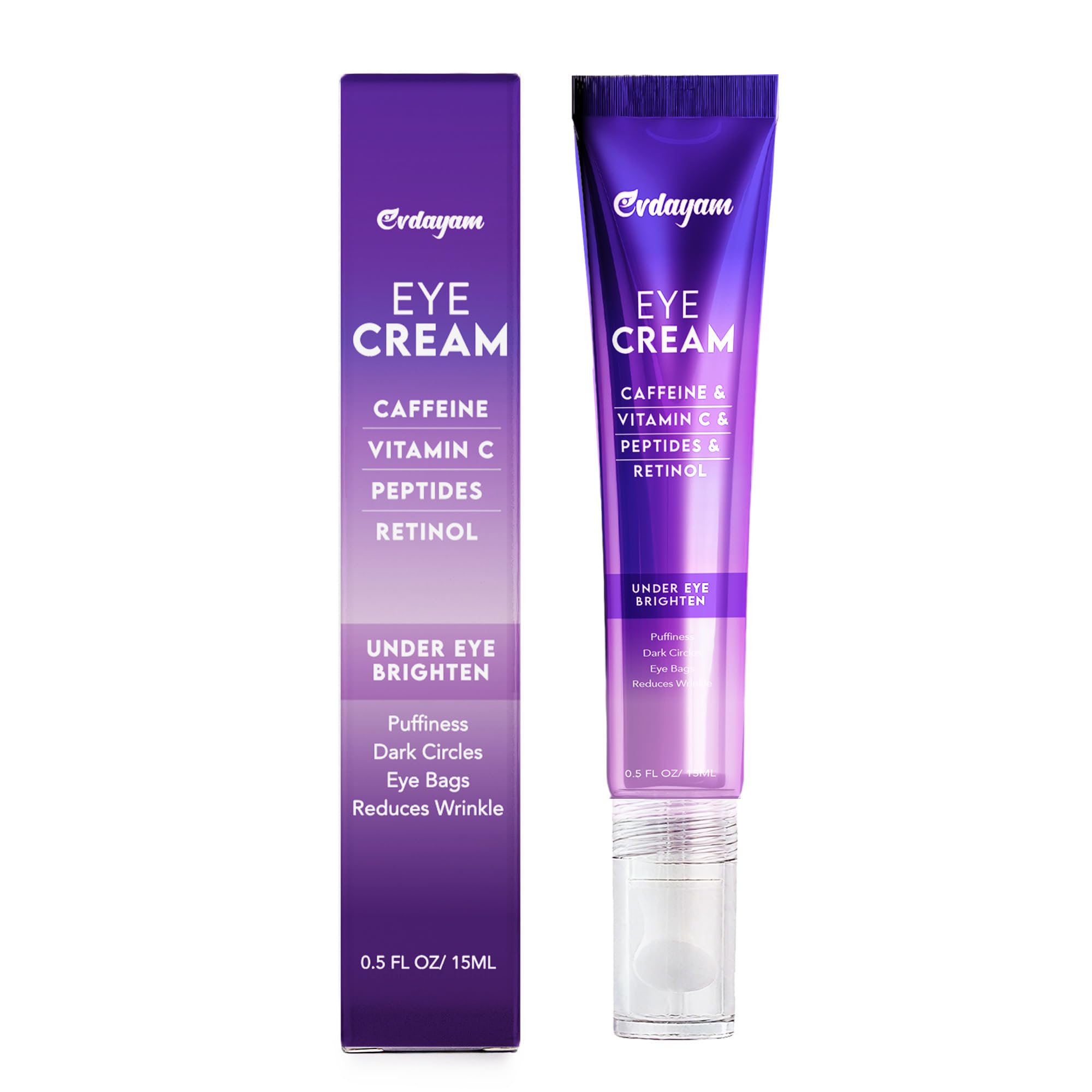Evdayam Caffeine Eye Cream application closeup for refreshed under-eye area