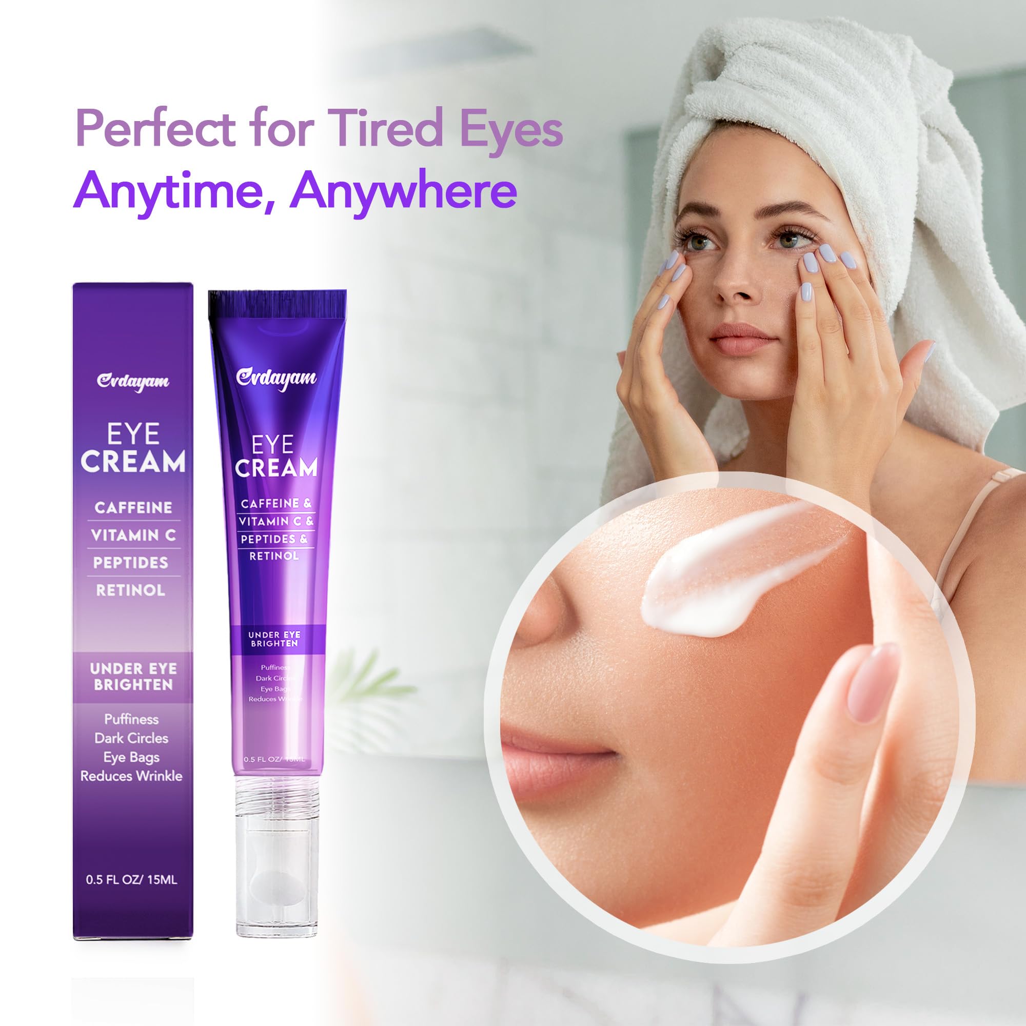 Evdayam Caffeine Eye Cream being dabbed under-eye for hydration
