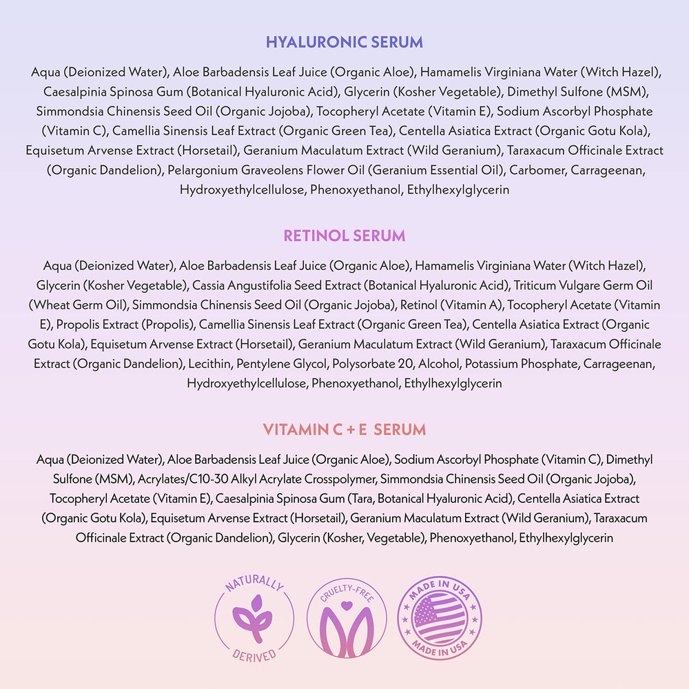 Eve Hansen ingredients panel with green tea and aloe for soothing care.