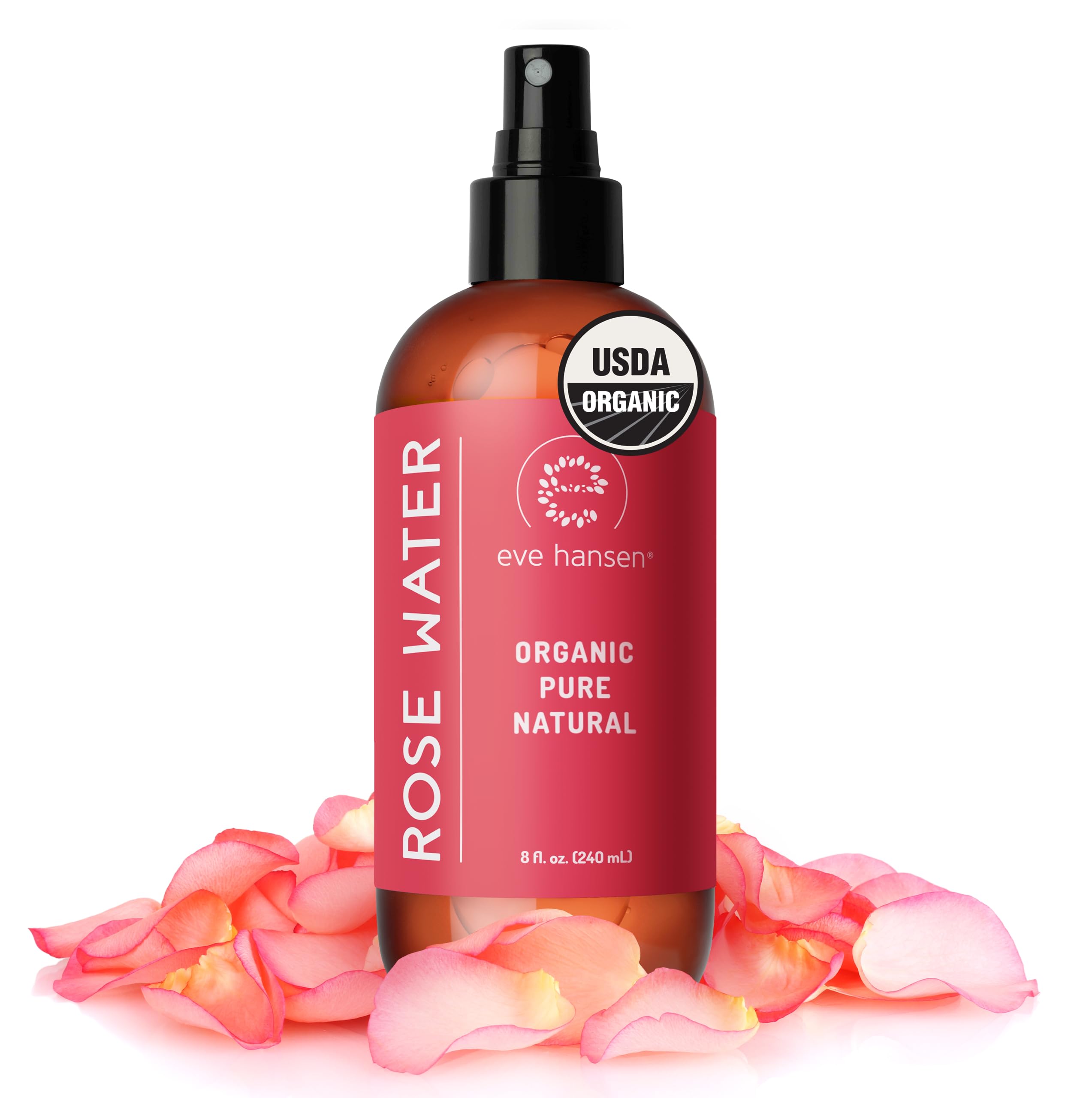 Eve Hansen Rose Water Spray bottle close-up for refreshing facial hydration.