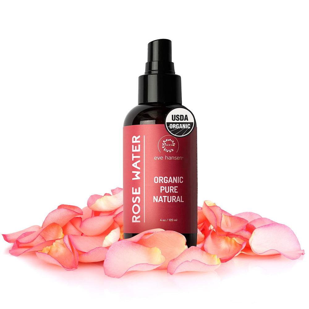 Eve Hansen Rose Water Spray bottle closeup for refreshing facial mist and hair hydration.