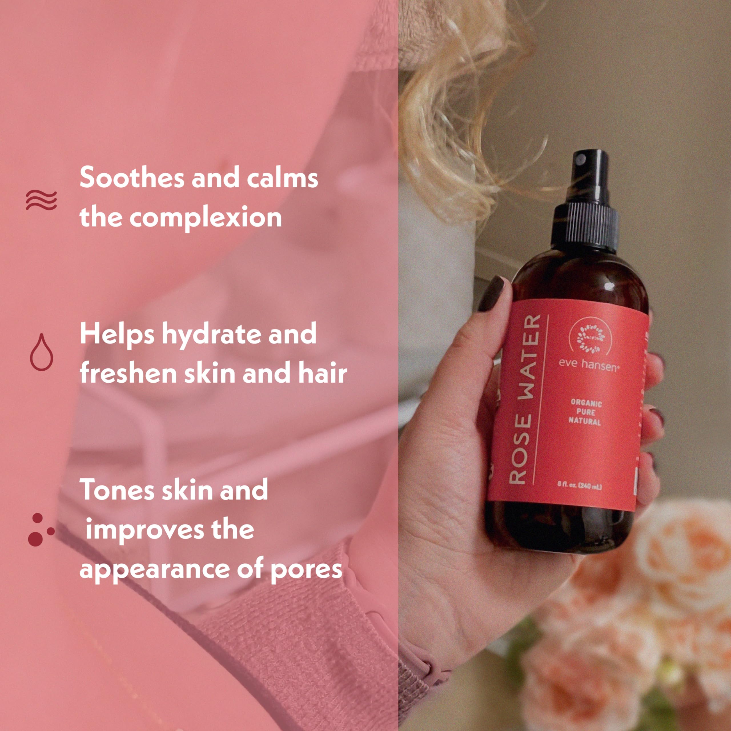 Eve Hansen Rose Water Spray mist on face for calming hydration.