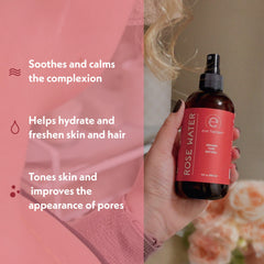 Eve Hansen Rose Water Spray mist on face for calming hydration.
