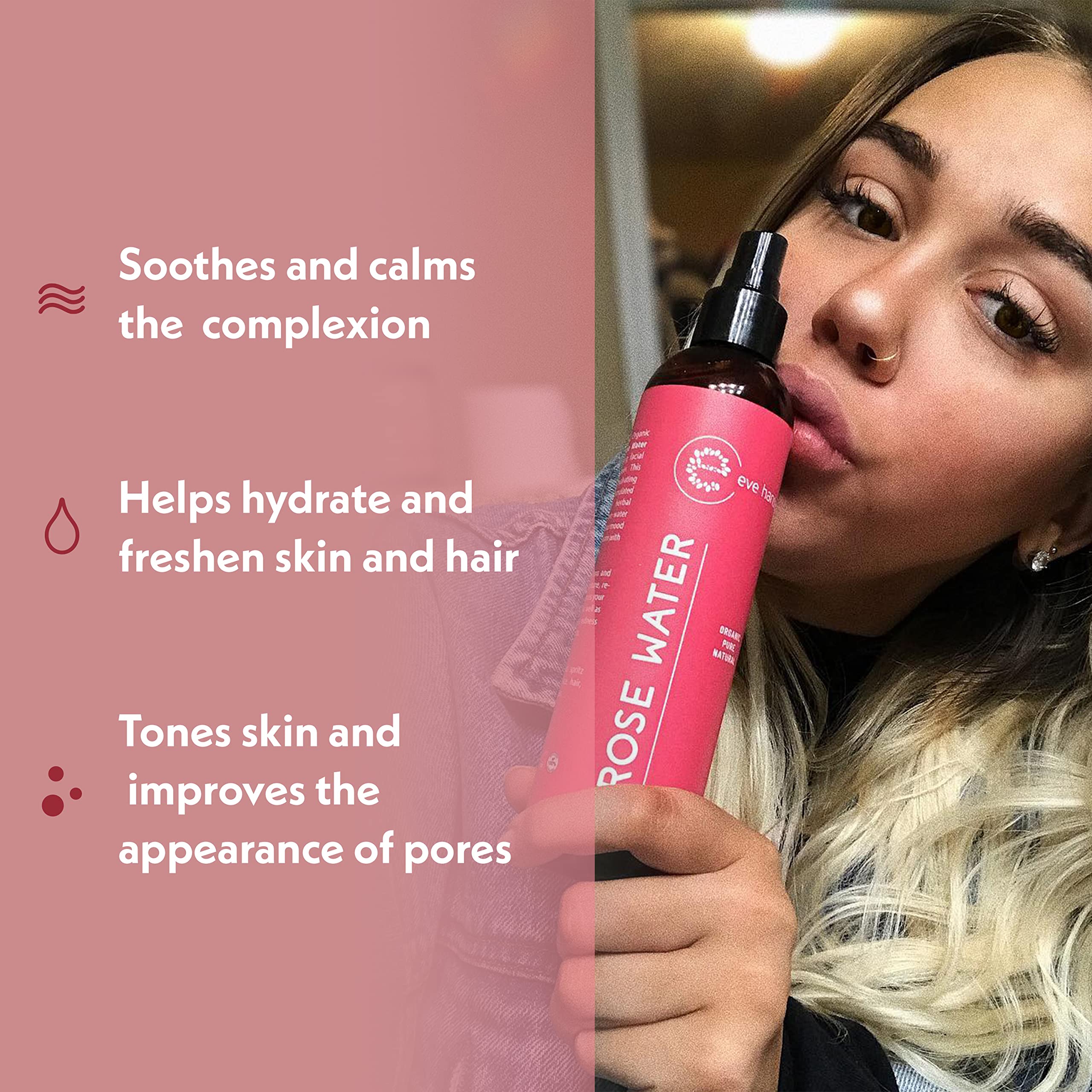 Eve Hansen Rose Water Spray mist being dispensed for instant skin refresh.