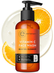 Eve Hansen Vitamin C Cleanser bottle on bathroom shelf for daily refreshing cleanse